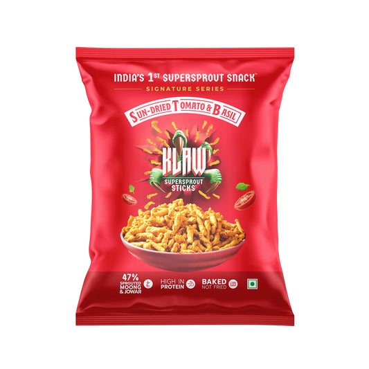 Klaw Sun-Dried Tomato & Basil Supersprout Sticks | Baked Not Fried | High Protein | 47% Sprouted Moong & Jowar