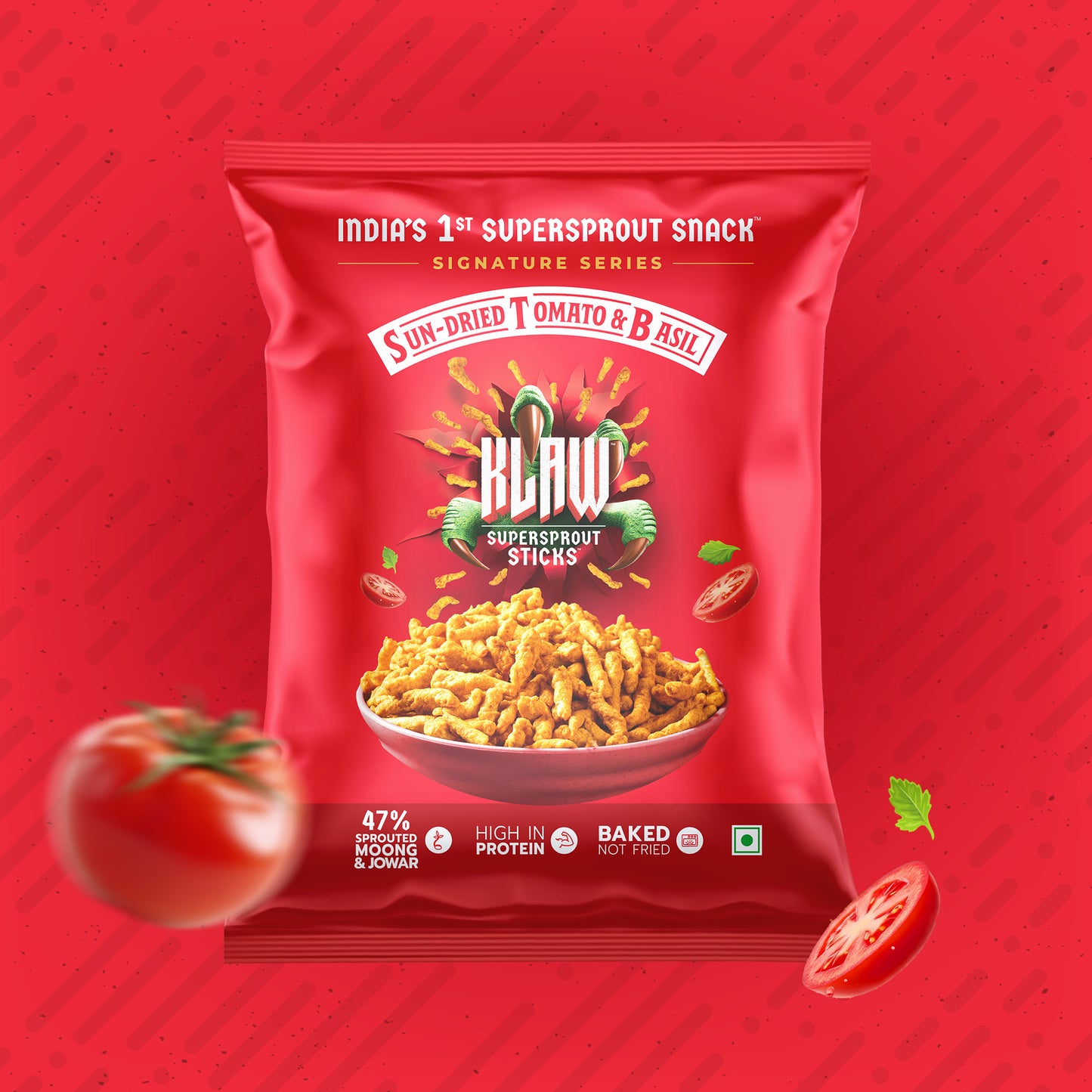Klaw Sun-Dried Tomato & Basil Supersprout Sticks | Baked Not Fried | High Protein | 47% Sprouted Moong & Jowar