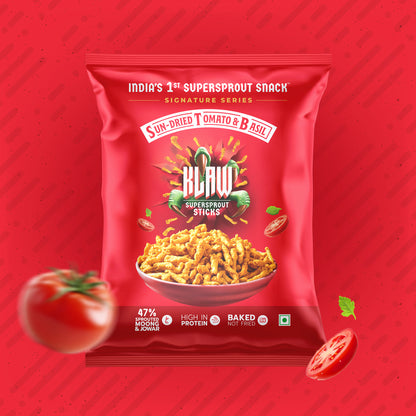 Klaw Sun-Dried Tomato & Basil Supersprout Sticks | Baked Not Fried | High Protein | 47% Sprouted Moong & Jowar