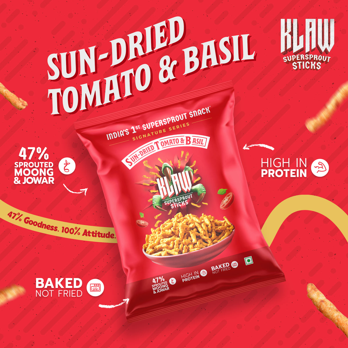 Klaw Sun-Dried Tomato & Basil Supersprout Sticks | Baked Not Fried | High Protein | 47% Sprouted Moong & Jowar