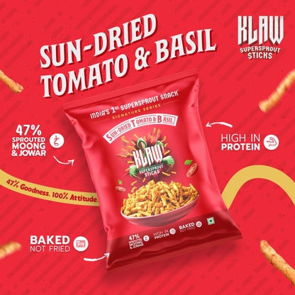 Klaw Sun-Dried Tomato & Basil Supersprout Sticks | Baked Not Fried | High Protein | 47% Sprouted Moong & Jowar