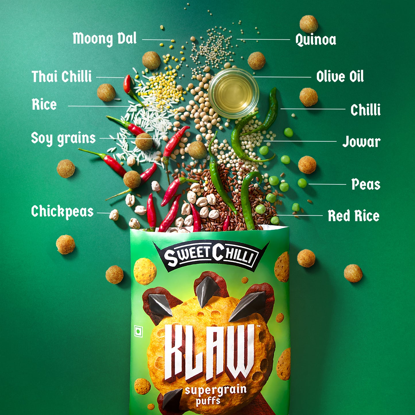 Klaw Sweet Chilli Supergrain Puffs | Baked Not Fried | High Protein | Made with Olive Oil | 32 Grams