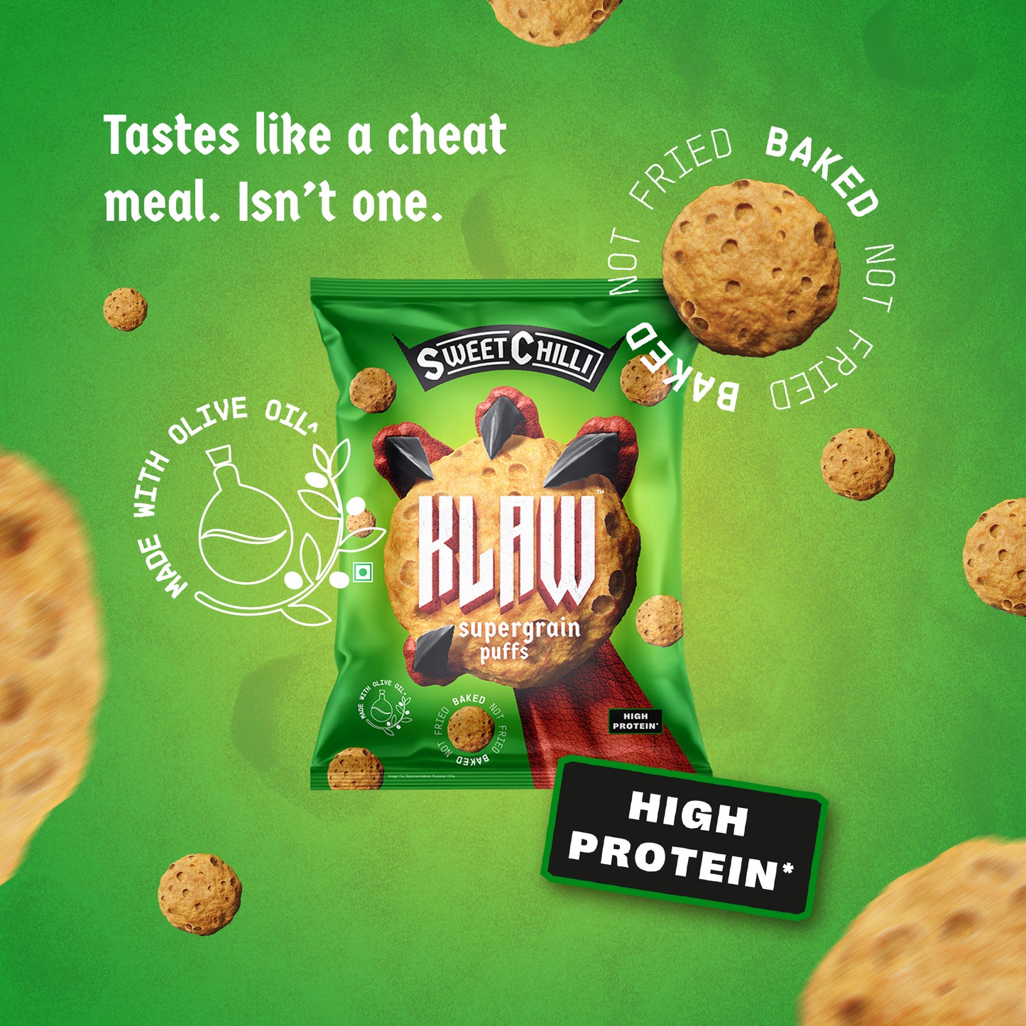 Klaw Sweet Chilli Supergrain Puffs | Baked Not Fried | High Protein | Made with Olive Oil | 32 Grams