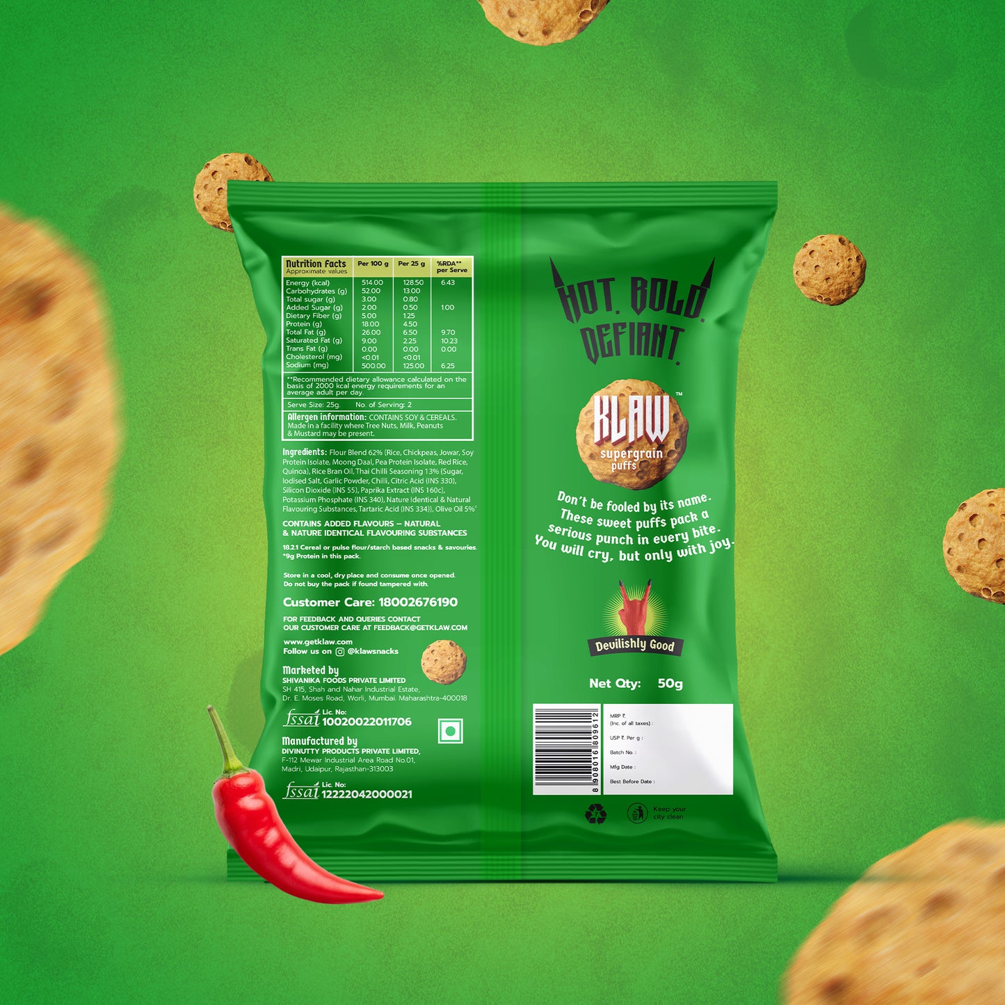 Klaw Sweet Chilli Supergrain Puffs | Baked Not Fried | High Protein | Made with Olive Oil I 50g