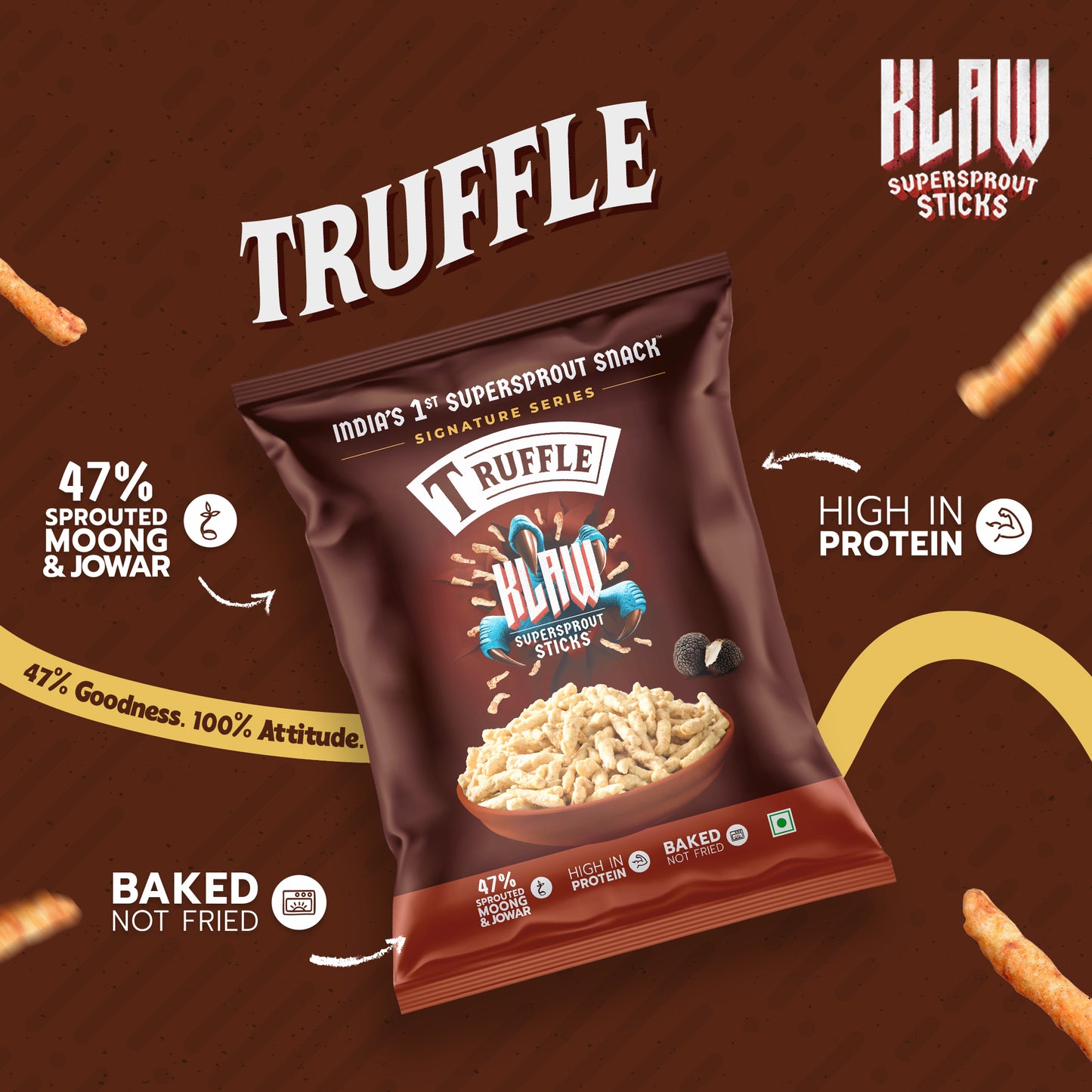 Klaw Truffle Supersprout Sticks | Baked Not Fried | High Protein | 47% Sprouted Moong & Jowar