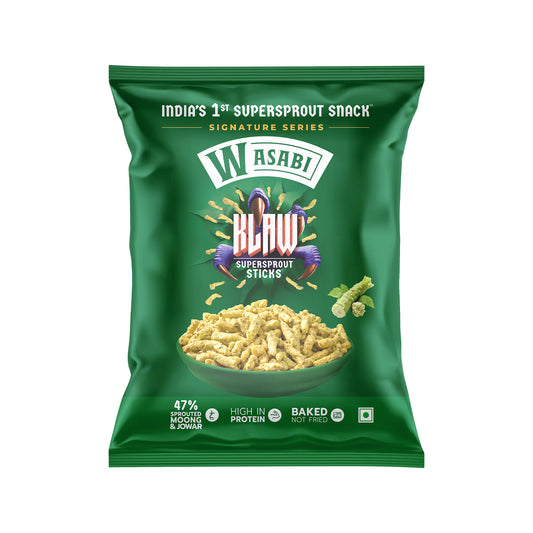 Klaw Wasabi Supersprout Sticks | Baked Not Fried | High Protein | 47% Sprouted Moong & Jowar