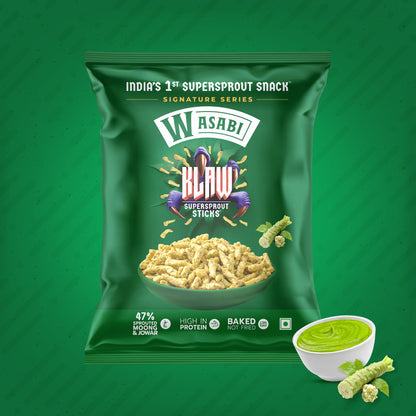 Klaw Wasabi Supersprout Sticks | Baked Not Fried | High Protein | 47% Sprouted Moong & Jowar