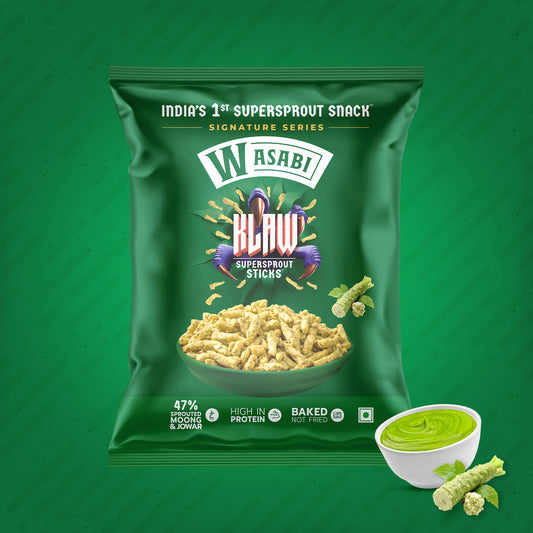 Klaw Wasabi Supersprout Sticks | Baked Not Fried | High Protein | 47% Sprouted Moong & Jowar