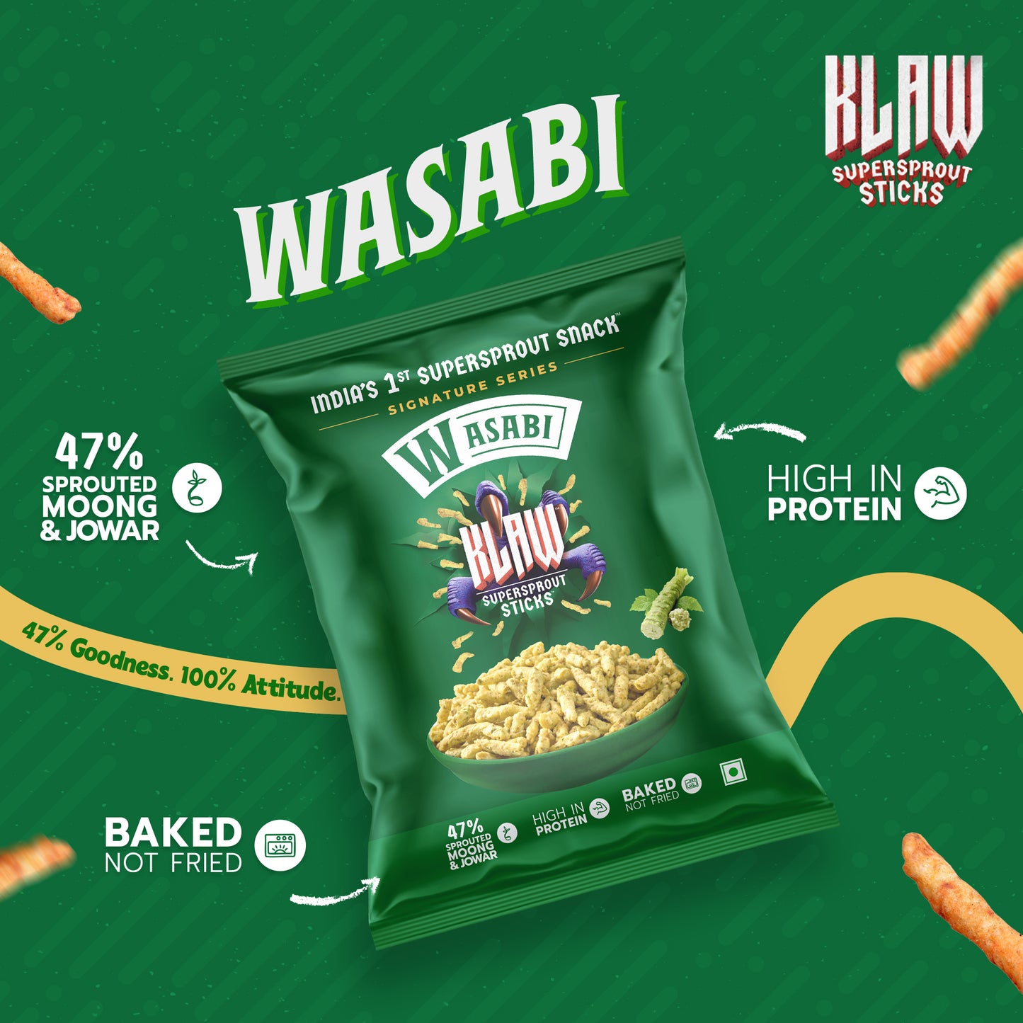Klaw Wasabi Supersprout Sticks | Baked Not Fried | High Protein | 47% Sprouted Moong & Jowar